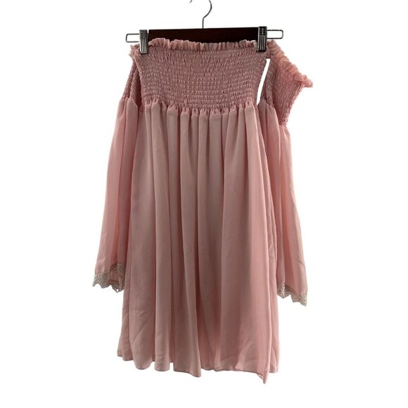 SHEIN Dresses & Skirts - Shein Pink Off-Shoulder Smocked Mini Dress Lace Trim Sleeve Peasant Fairy Medium